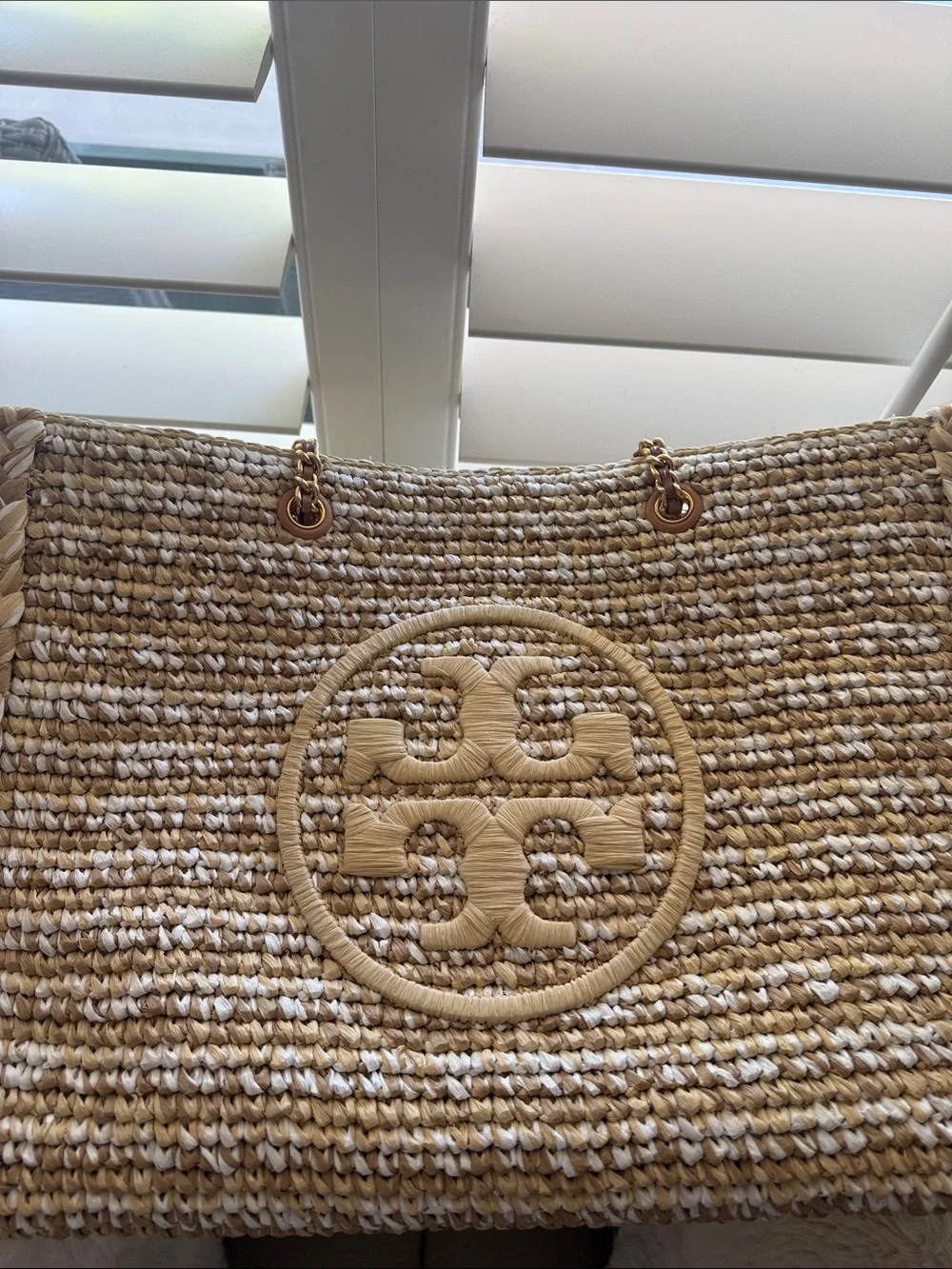 Tory Burch Woven Straw Logo Tote in Natural and Beige
